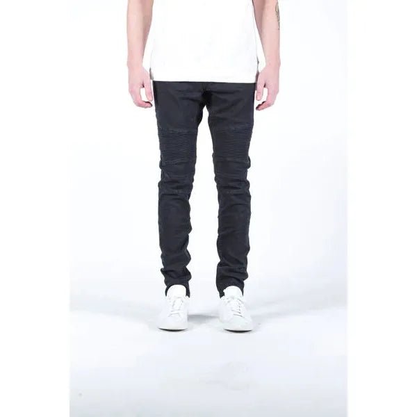 A detailed image of the Embellish Jet Black Spencer 2 Biker Denim (EMBSPNCR-BKR) showcasing the stylish, distressed design and the high-quality material used in these statement-making jeans
