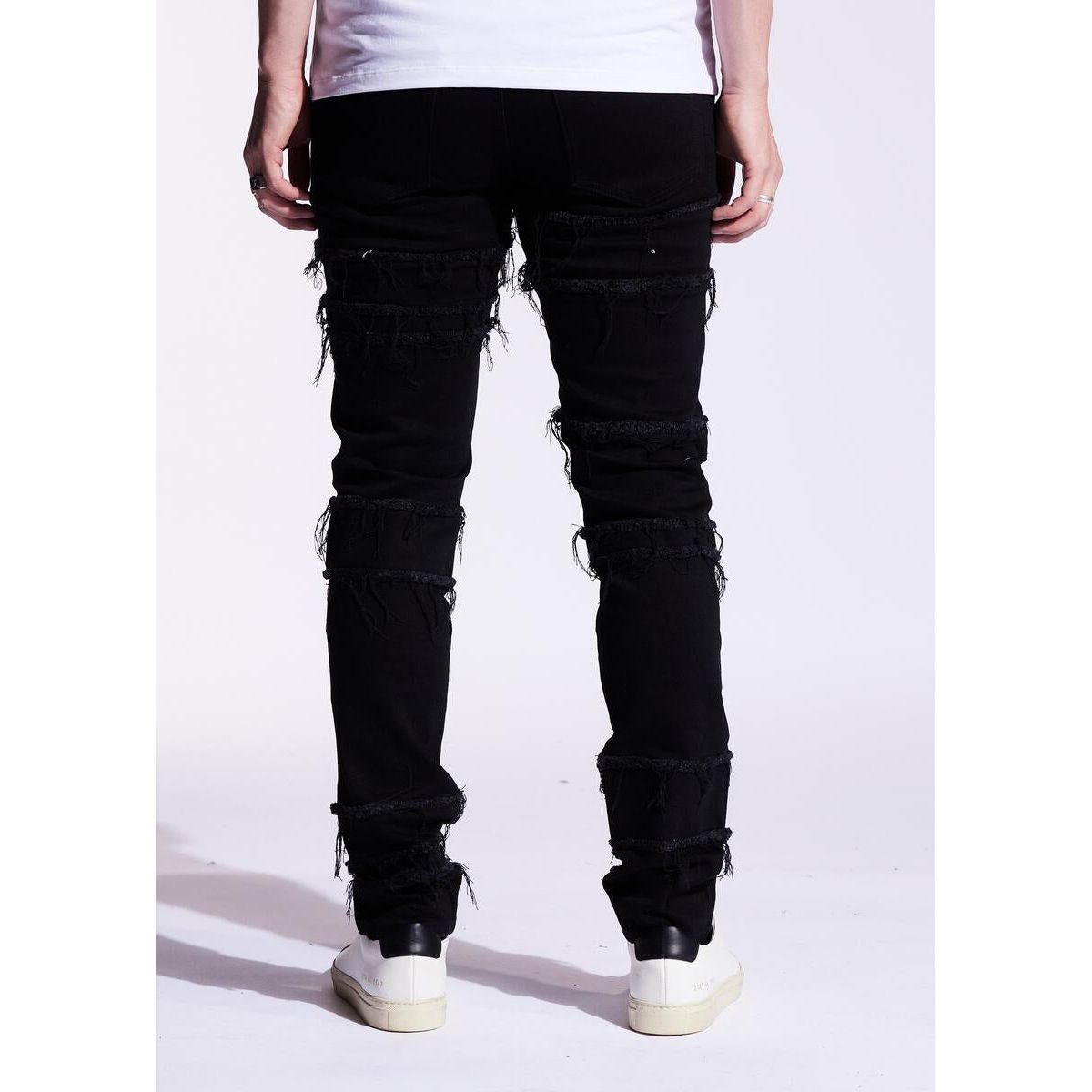 Embellish Black Distressed Blade Denim Jeans (EMBF221-111) featuring stylish distressed details and a sleek black wash