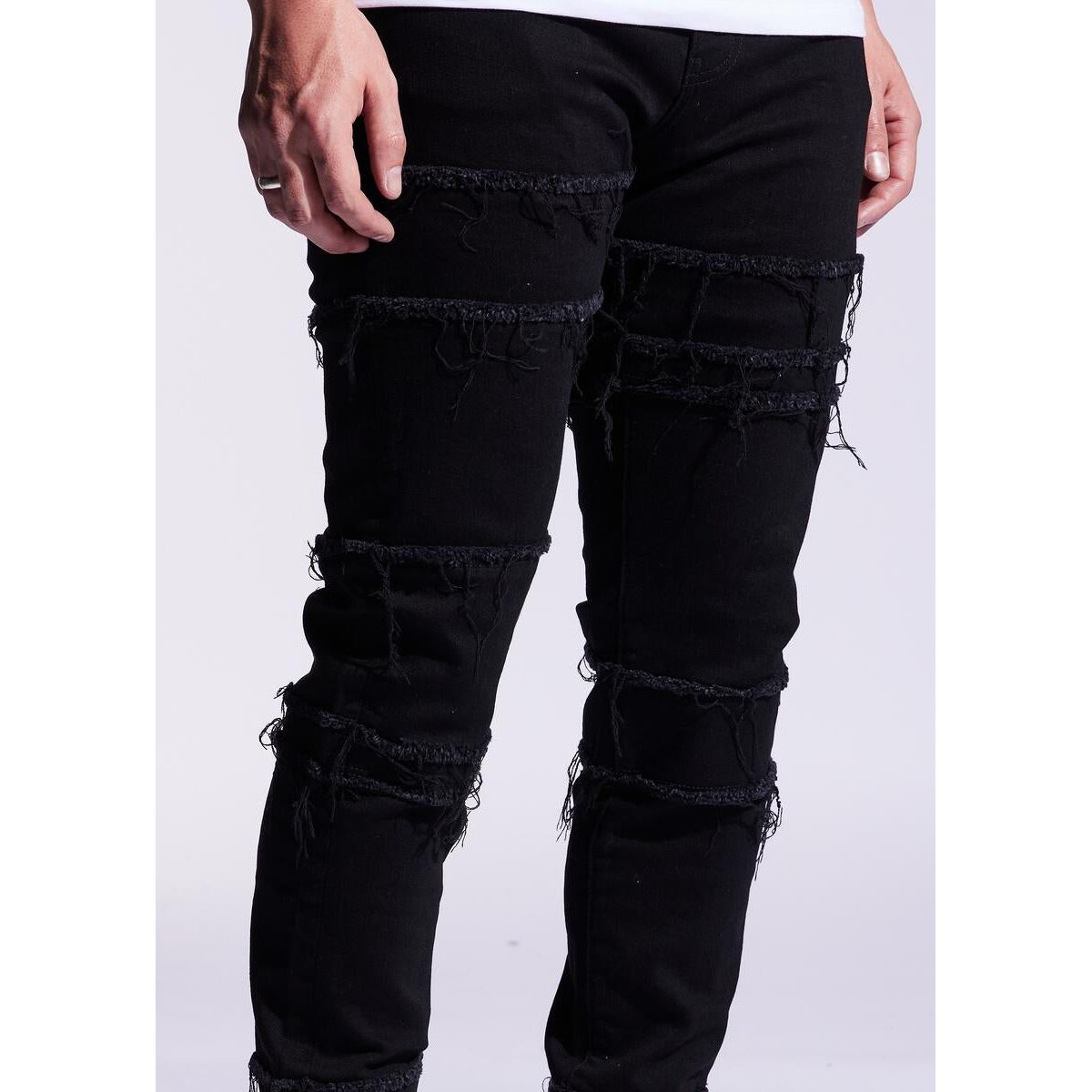 EMBF221-111 Embellish Black Distressed Blade Denim Jeans with Unique Design
