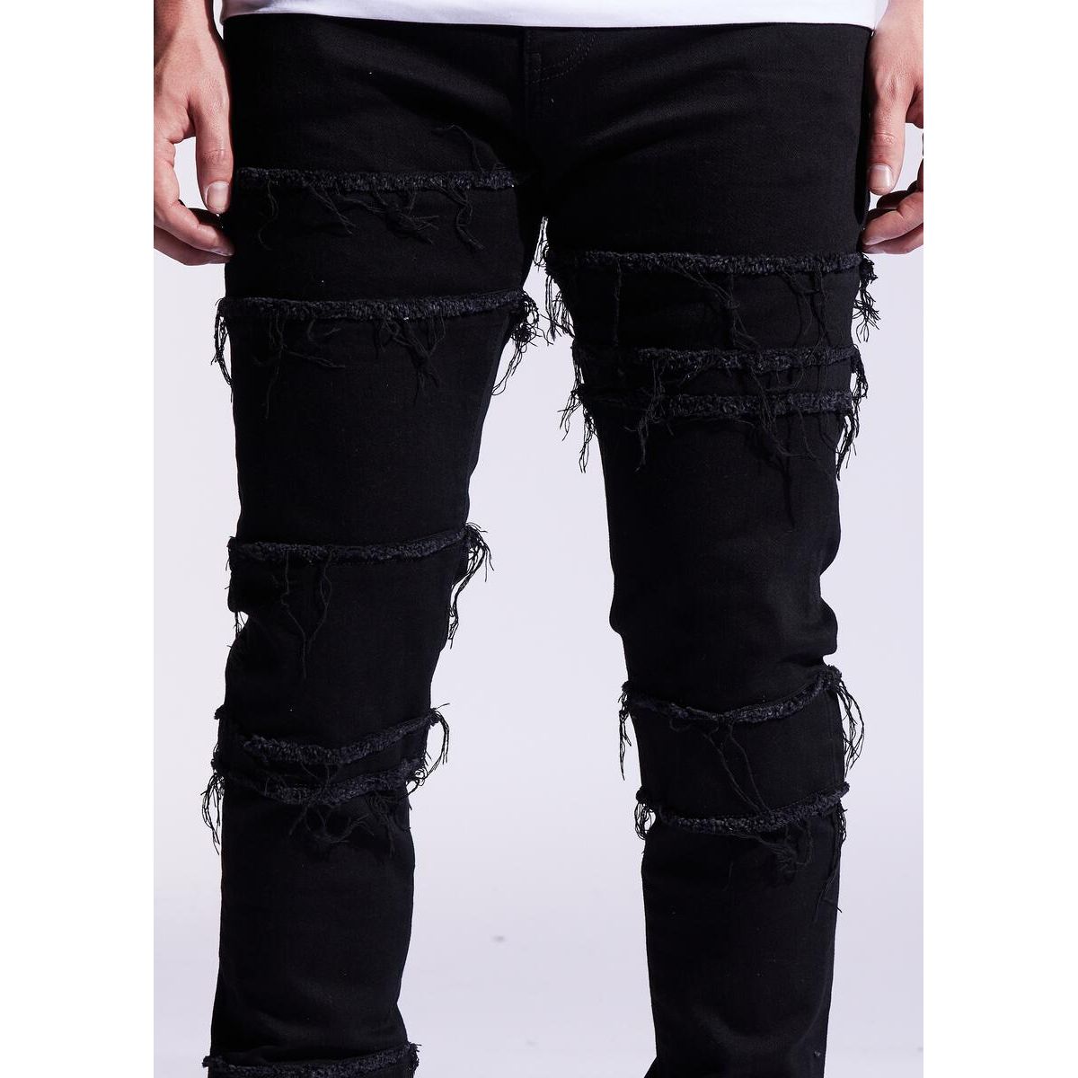Embellish Black Distressed Blade Denim Jeans (EMBF221-111) with stylish distressed detailing and a sleek black wash