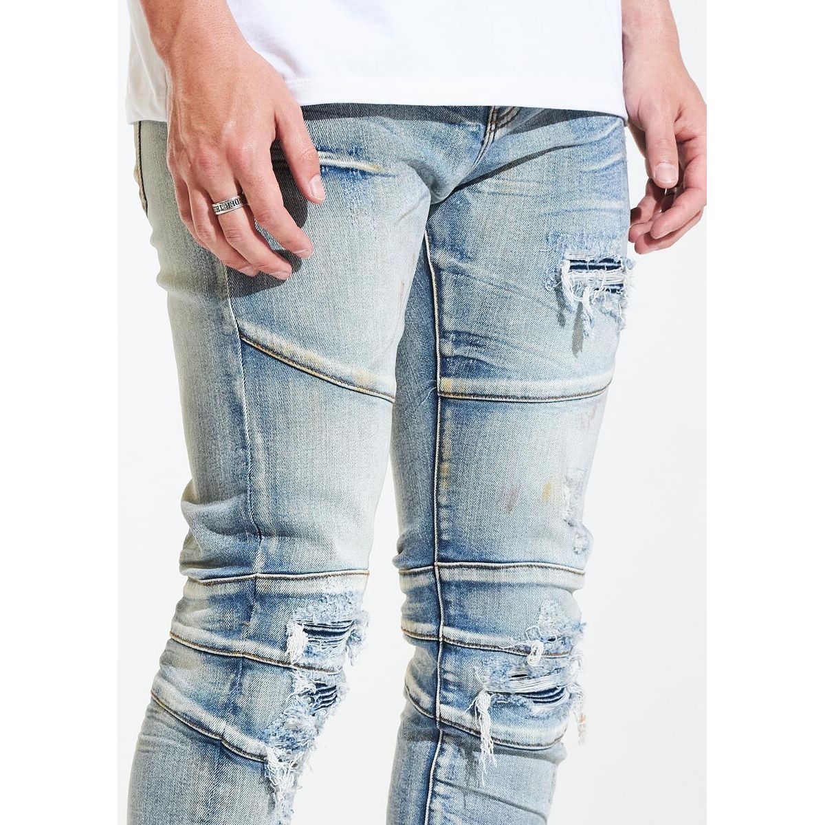 Crysp Denim Montana Blue Ripped Biker Jeans, a stylish and edgy addition to your wardrobe, featuring distressed details and a slim fit design (CRYSPHOL21-9)