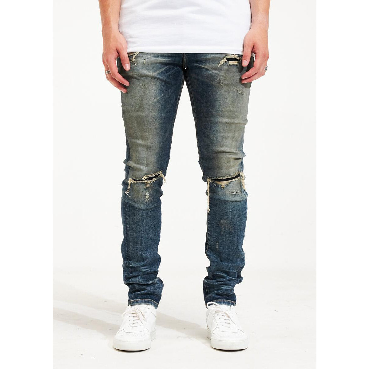 Close-up of EMBSP222-118 denim jeans in rich indigo shade