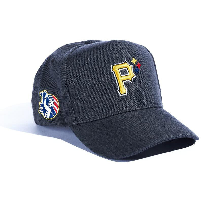 Charcoal grey snapback hat with embroidered 'Striates' design on front
