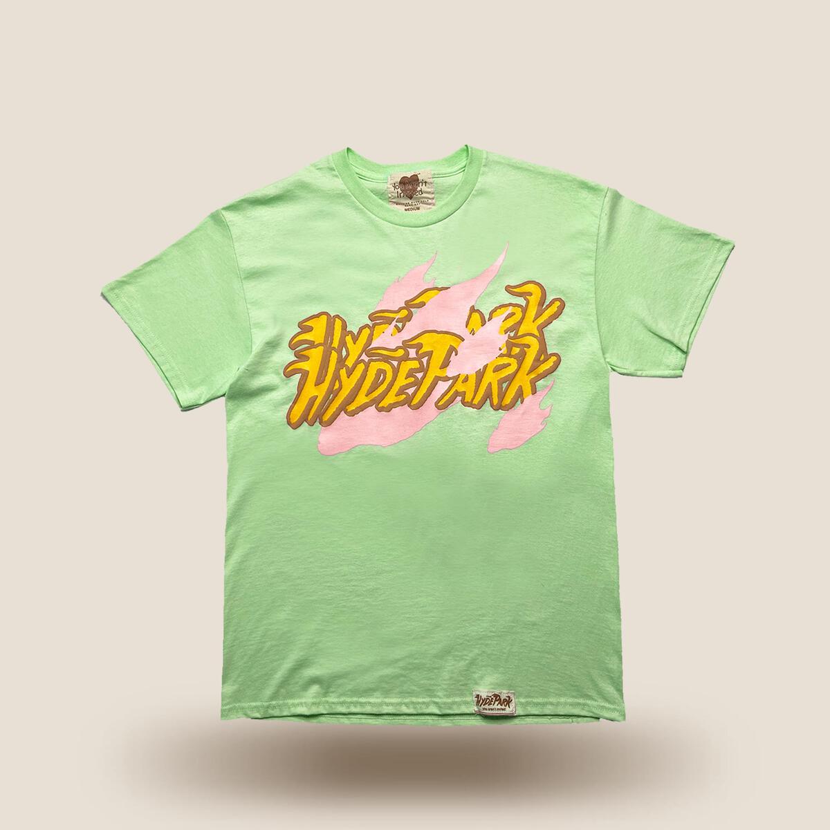 Hyde Park Mint Mojito Lime Tee - Close-up of mint mojito design on lime green tee with Hyde Park logo