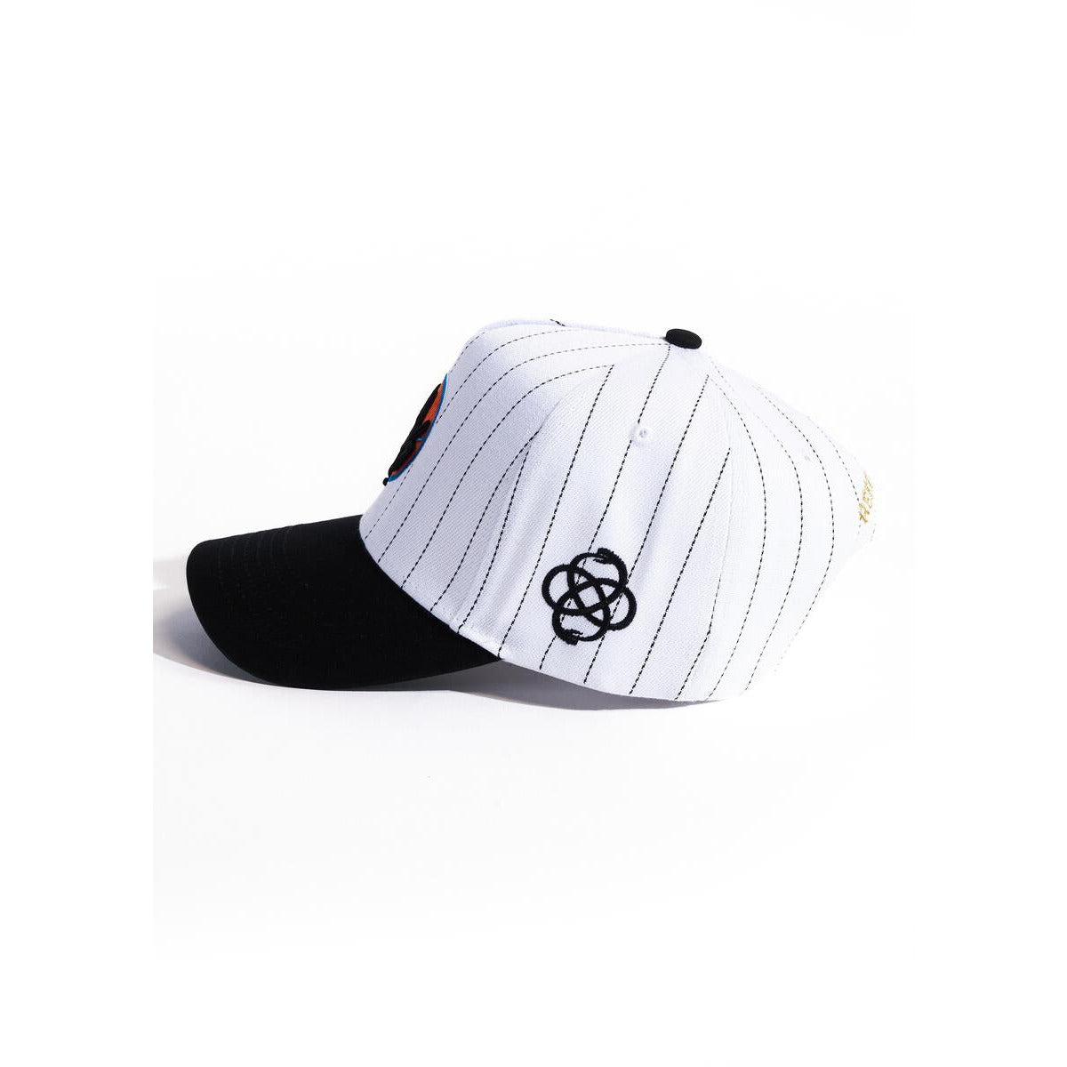 White pinstripe snapback hat with embroidered Islandbockers logo and adjustable strap