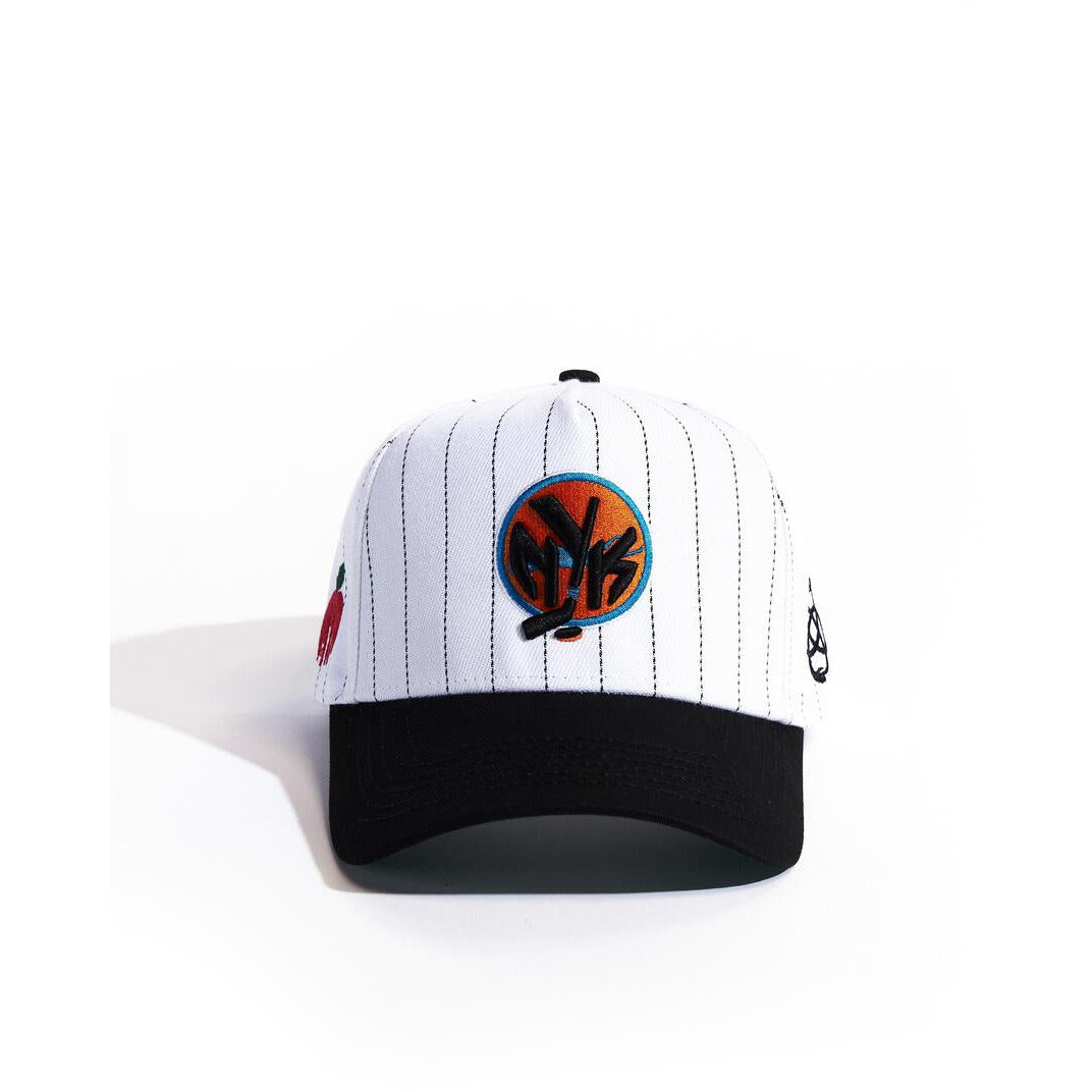 White pinstripe snapback hat with Islandbockers logo and adjustable strap