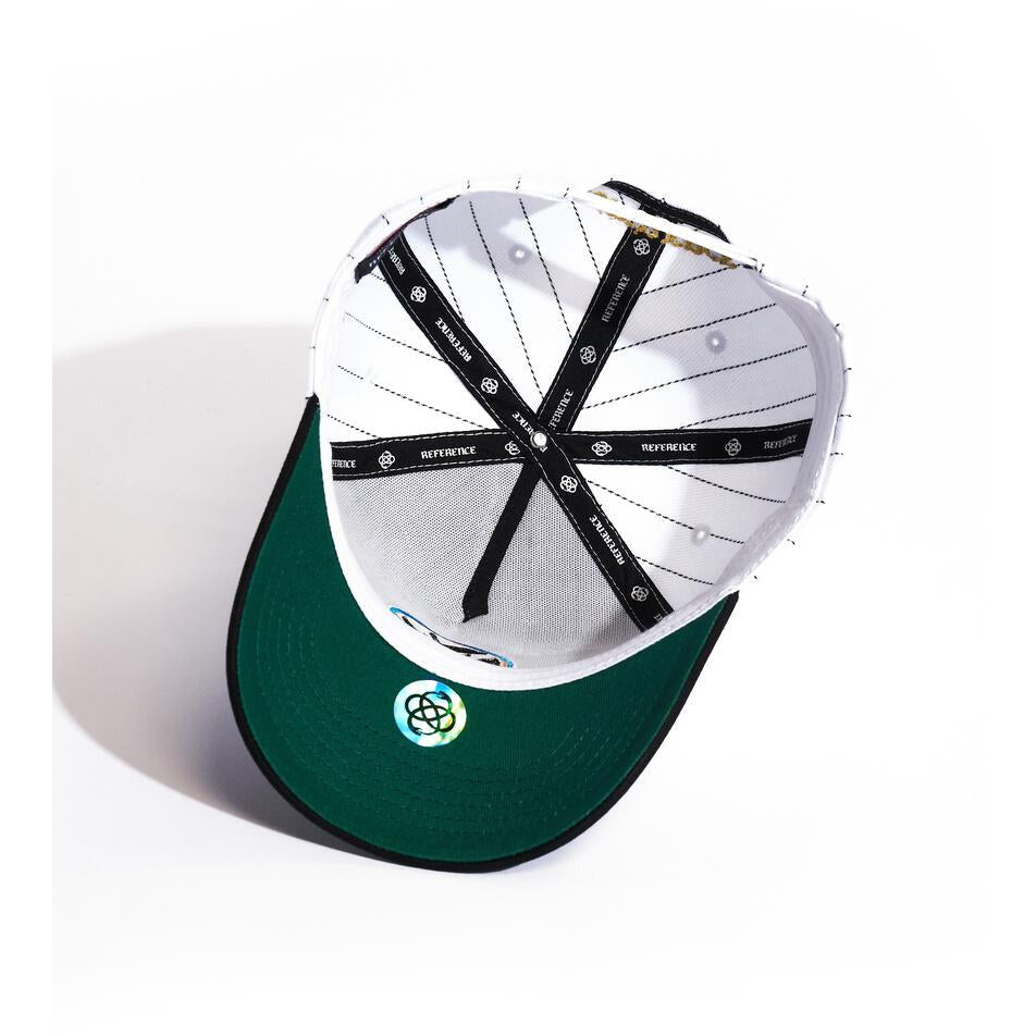 White pinstripe snapback hat with Islandbockers reference design embroidered on the front