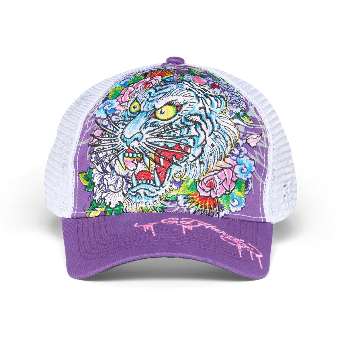 Black trucker hat with embroidered floral tiger design by Ed Hardy