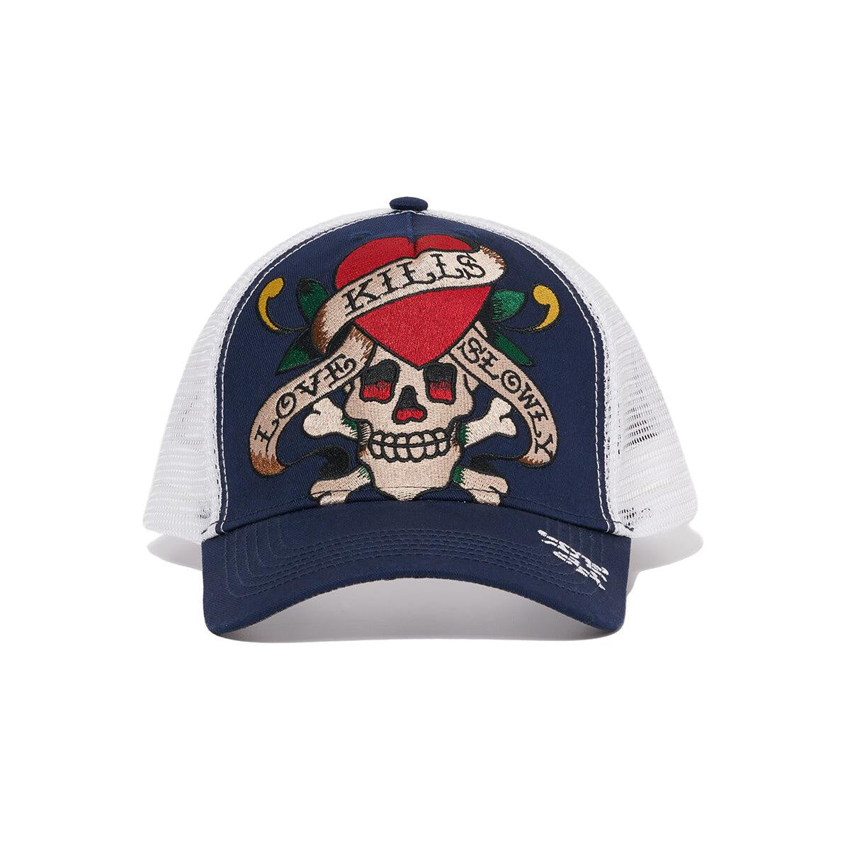 Ed Hardy Embroidered Heart Skull Trucker Hat in Navy with mesh back and adjustable snap closure