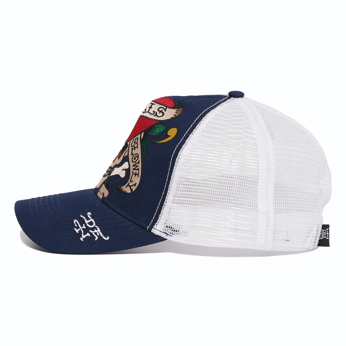 Stylish Ed Hardy trucker hat featuring embroidered heart skull design in navy