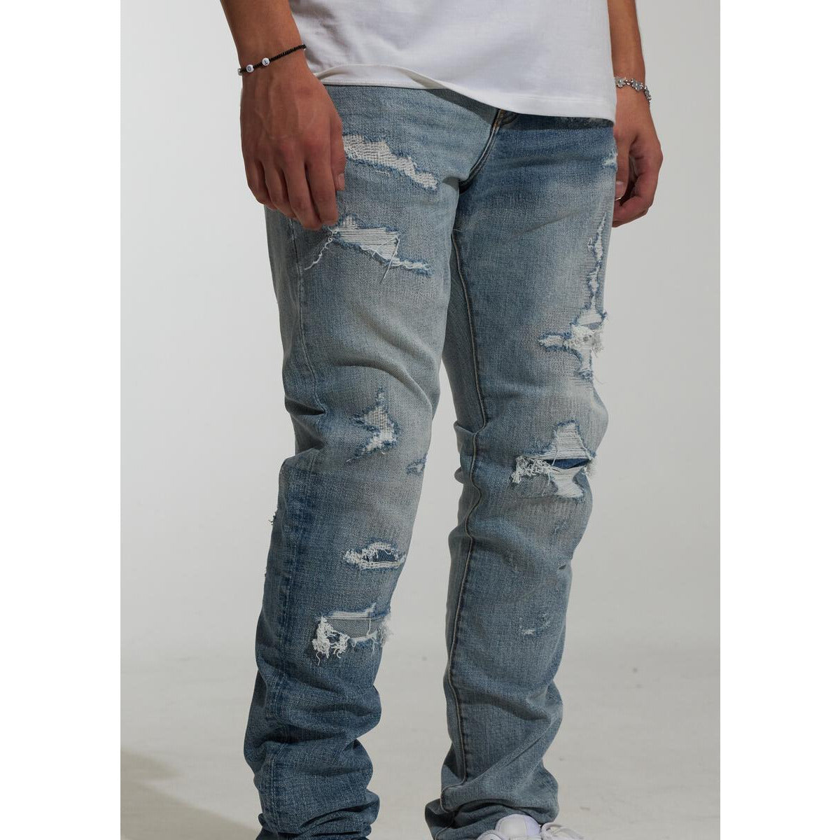 Crysp Denim Pacific Medium Distress Denim Jeans (CRYSP232-211) with faded blue wash and distressed detailing