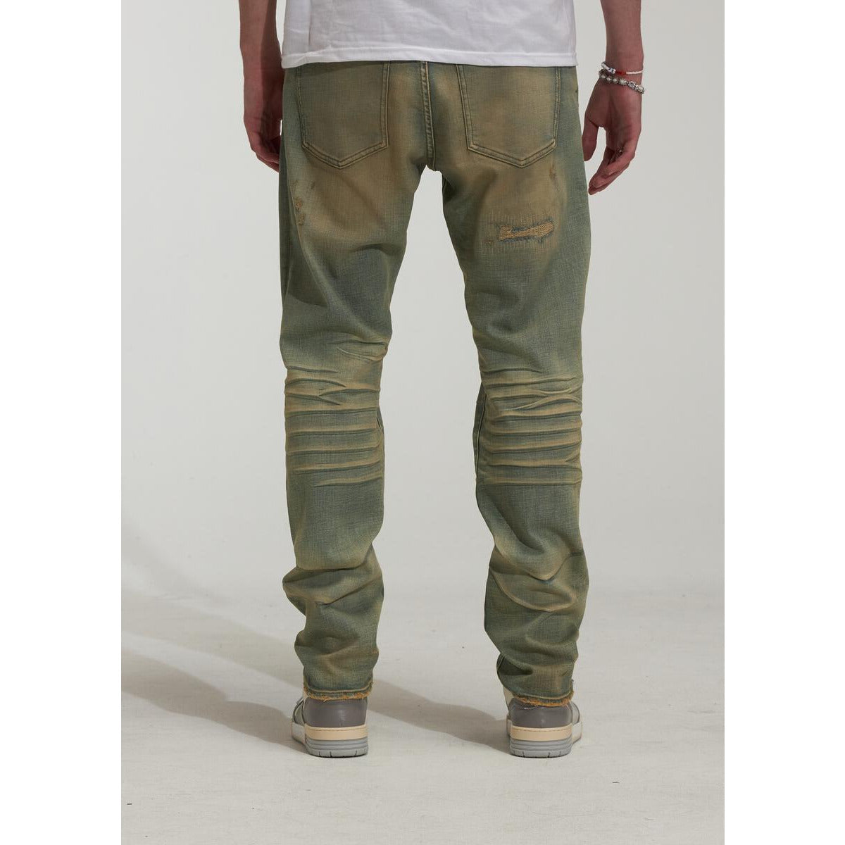 Front view of Embellish Criss Ripped Indigo Denim Jeans with stylish criss-cross detailing