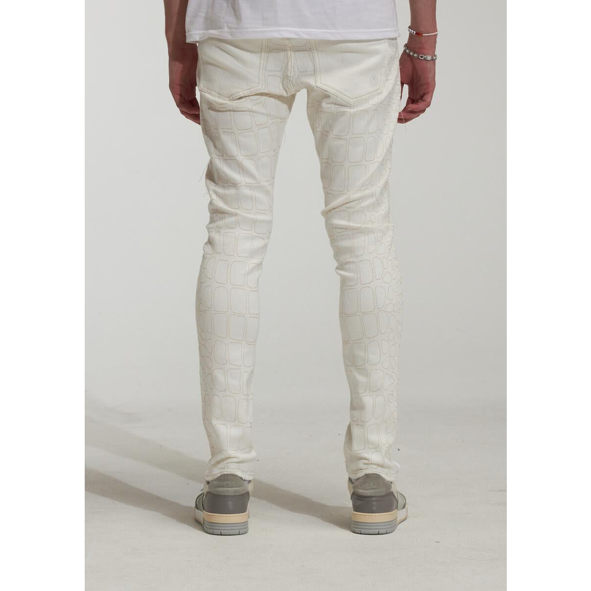 Embellish Bonham White Denim Jeans (EMBSP223-111) - Front view of white denim jeans with distressed details and embellishments