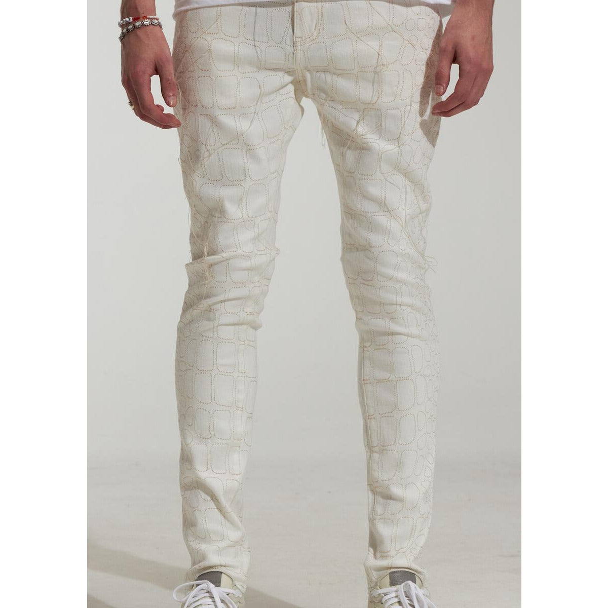 Embellish Bonham White Denim Jeans (EMBSP223-111) with distressed details and frayed hem