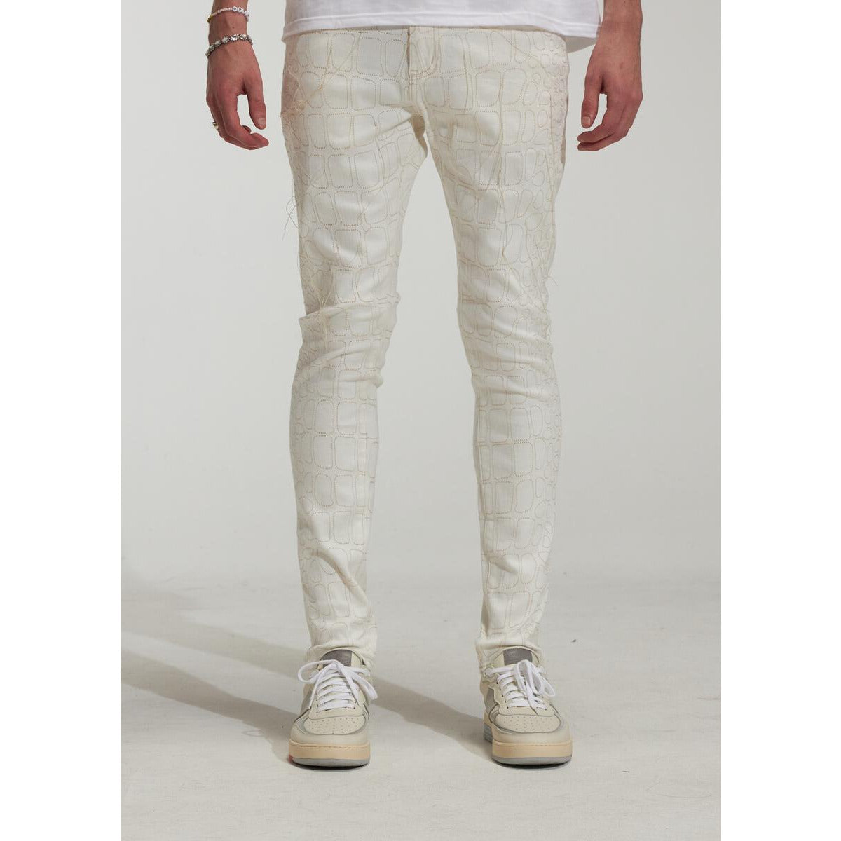 Fashionable Embellish Bonham White Denim Jeans (EMBSP223-111) with a slim fit design