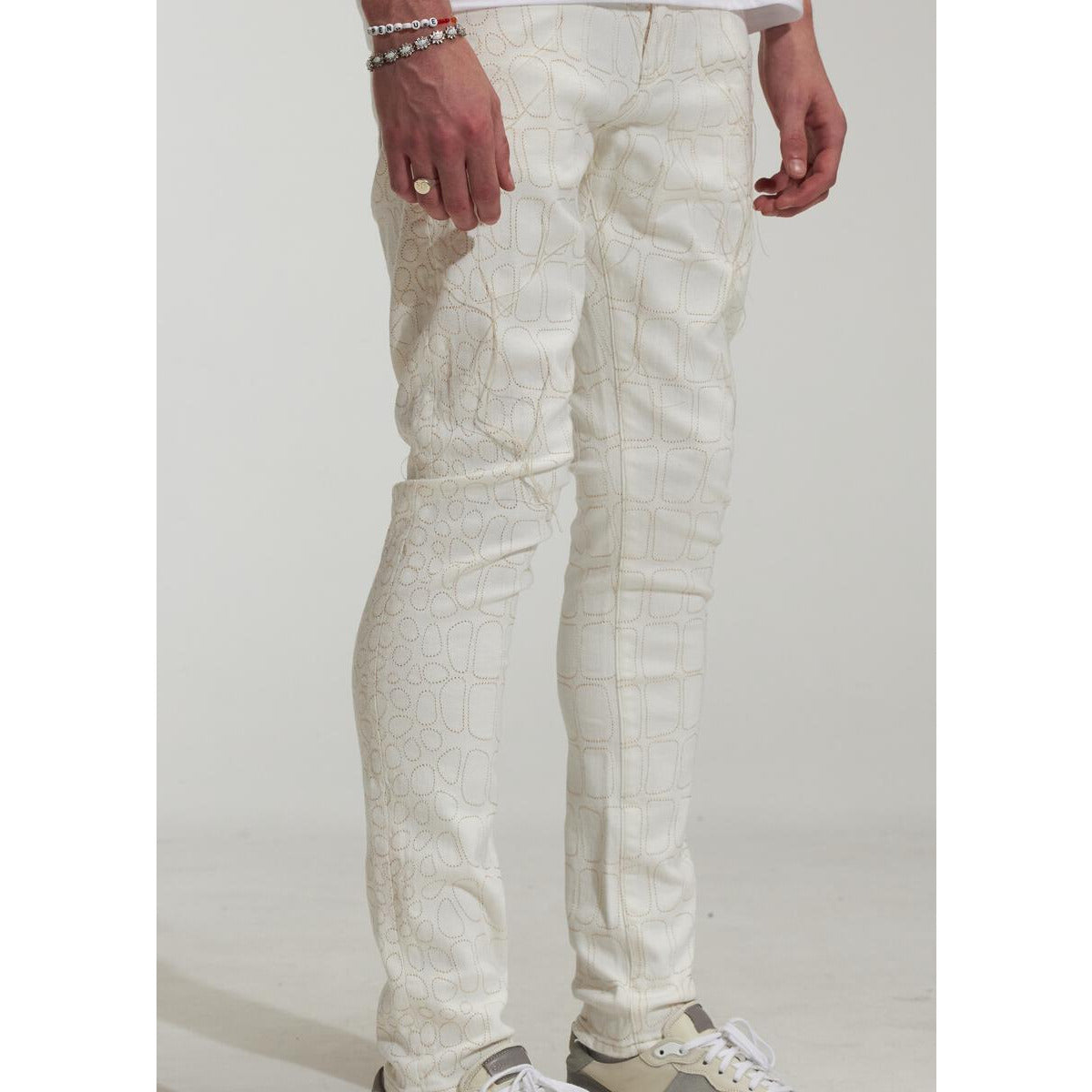 Embellish Bonham White Denim Jeans (EMBSP223-111) with distressed details and tapered fit