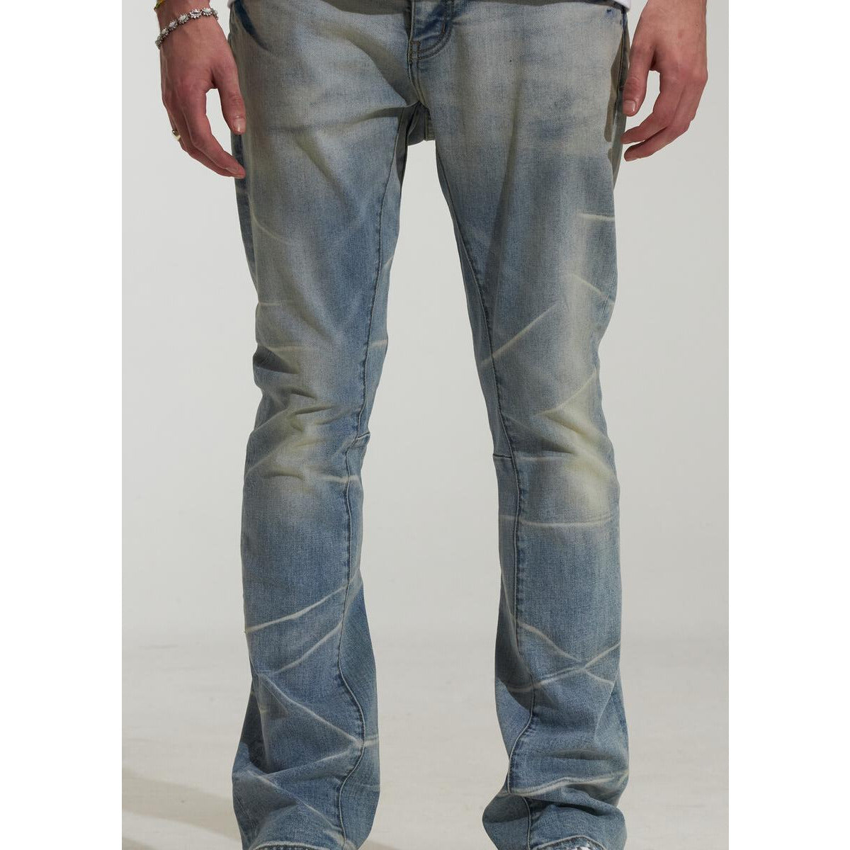 Close-up of Embellish RIC Tides Denim Jeans showing intricate floral embroidery