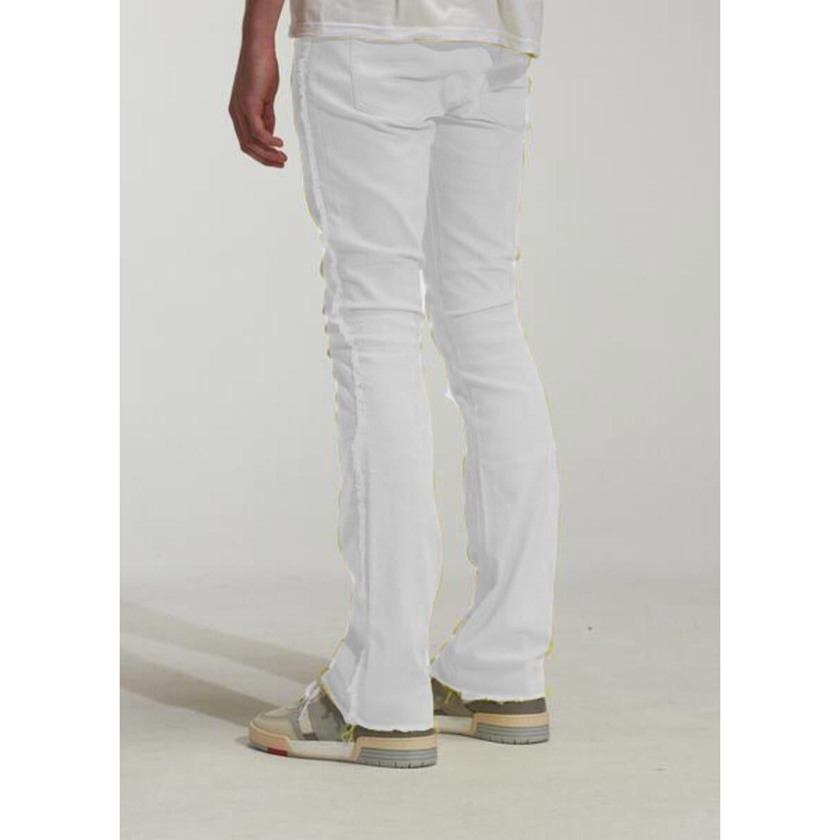 Embellish Paul White Flare Denim Jeans featuring a button and zipper closure