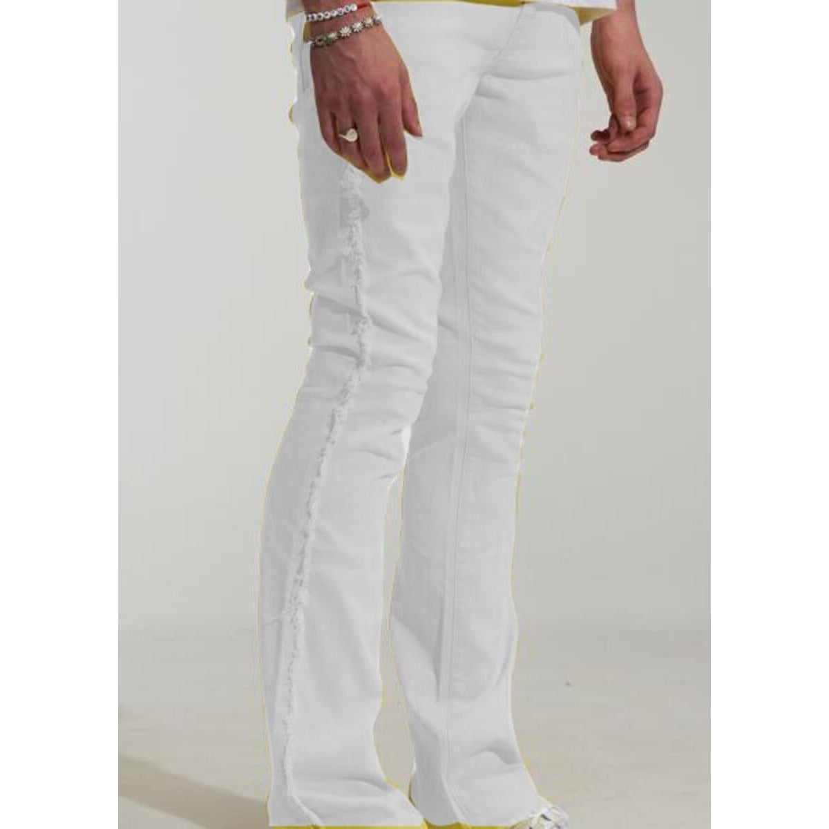 High-waisted Embellish Paul White Flare Denim Jeans with front and back pockets