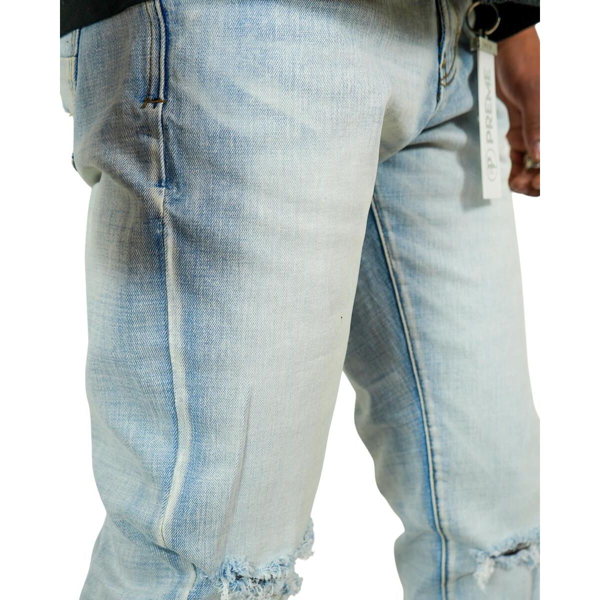 Light blue Preme Ice Wash Ripped Denim Jeans (PR-WB-1256) with distressed detailing and a relaxed fit
