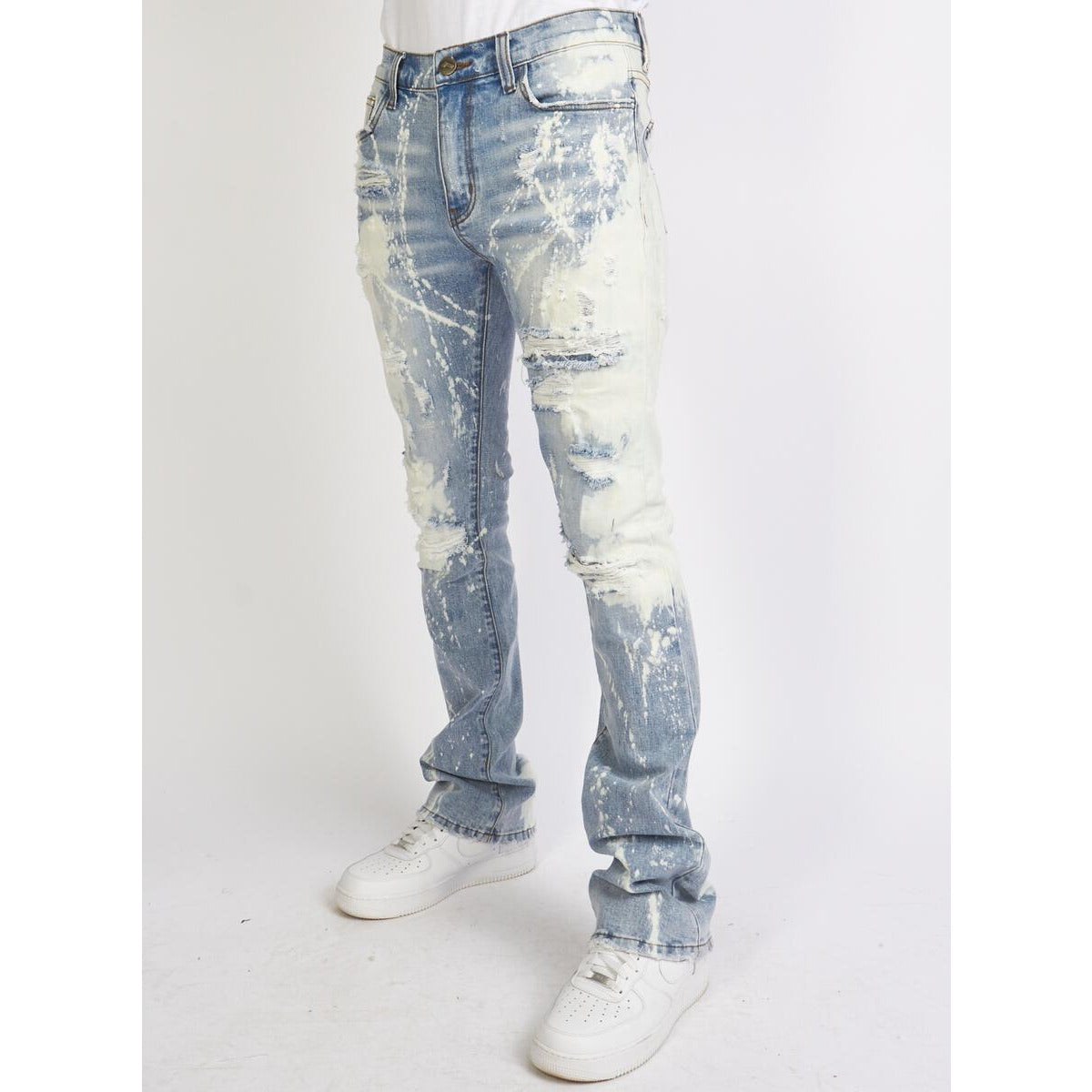 Front view of Politics Jeans Light Blast Stacked Flare (Barlow504) showcasing the high-rise fit, flared leg, and unique light wash design, a trendy and versatile addition to any wardrobe