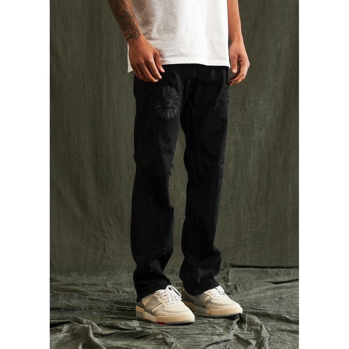 Embellish Urie Black Denim Jeans (EMBFALL123-046) with distressed detailing and slim fit