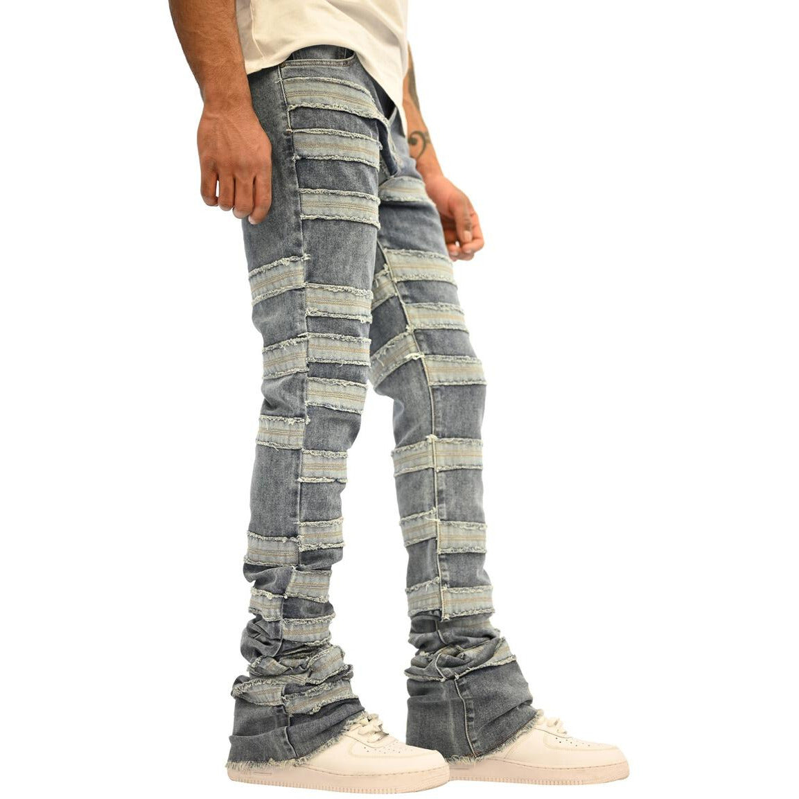 Two men's denim jeans in indigo wash, featuring a stacked design and slim fit by Doctrine Kill Joy