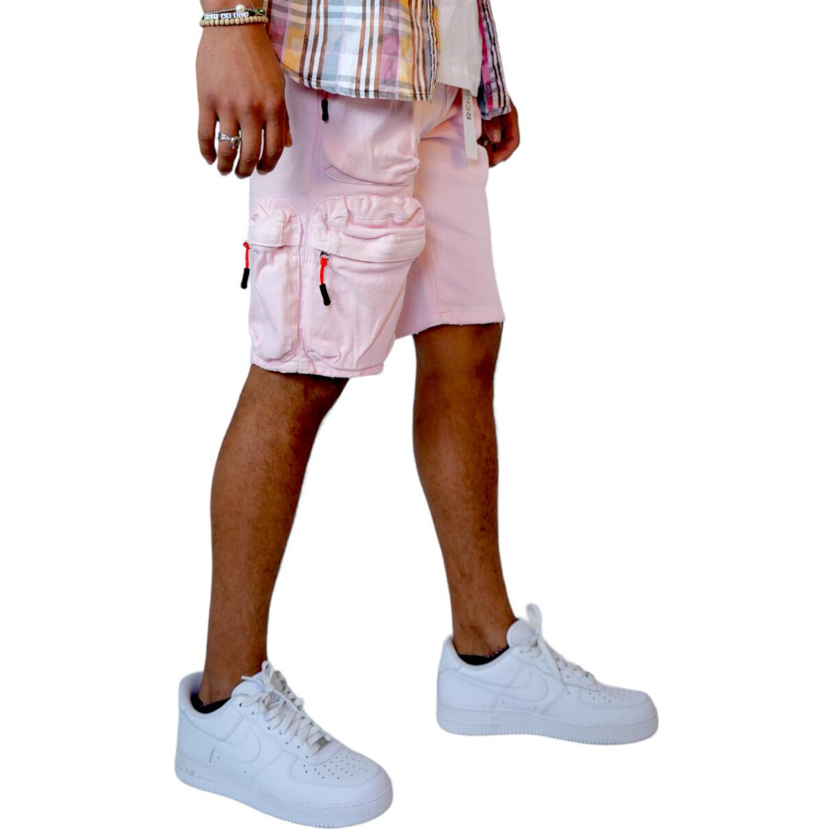 Preme Nomad Stacked Cargo Denim Shorts in Powder Pink, a stylish and versatile fashion choice for the modern woman