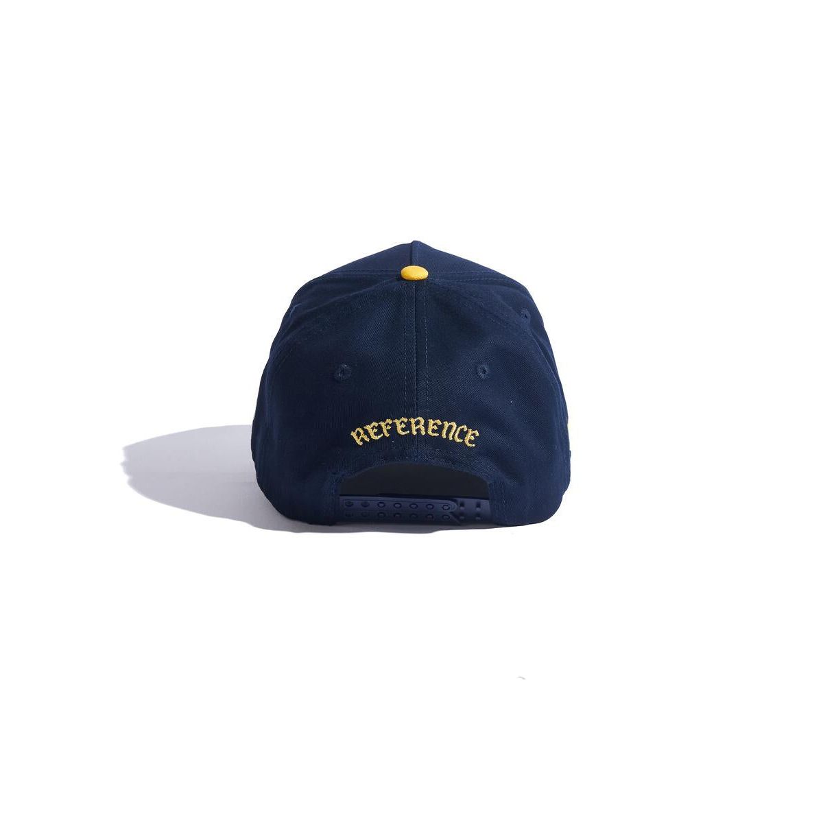 Close-up of the GSW navy snapback hat with embroidered logo