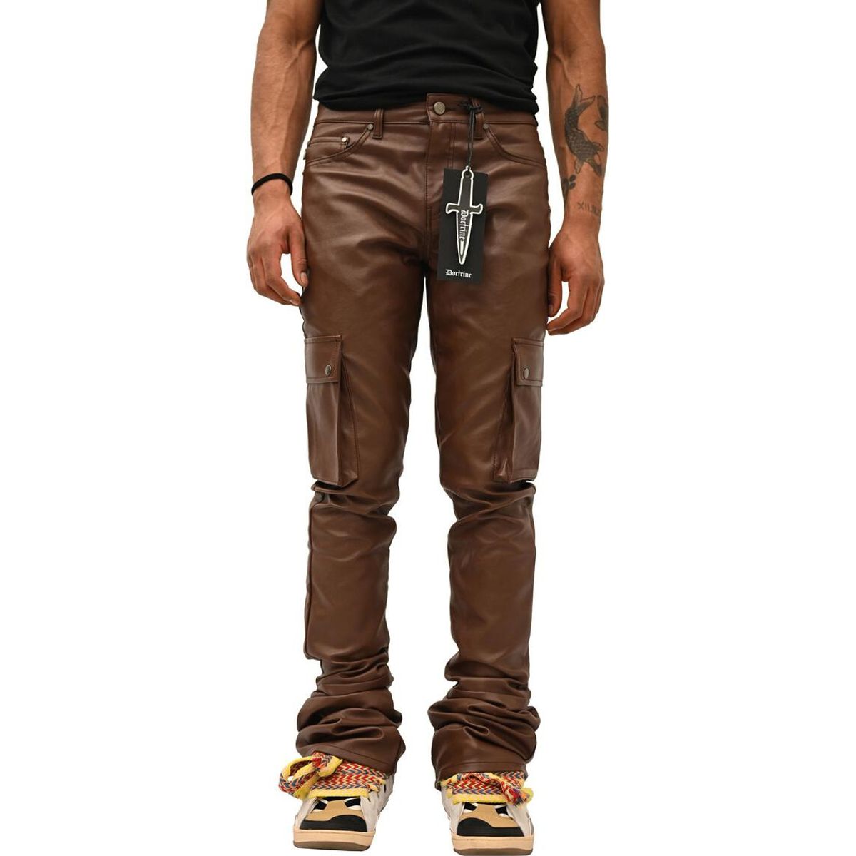 High-quality coffee-colored PU vegan leather jeans by Doctrine Carter, a stylish and ethical choice for fashion-forward individuals