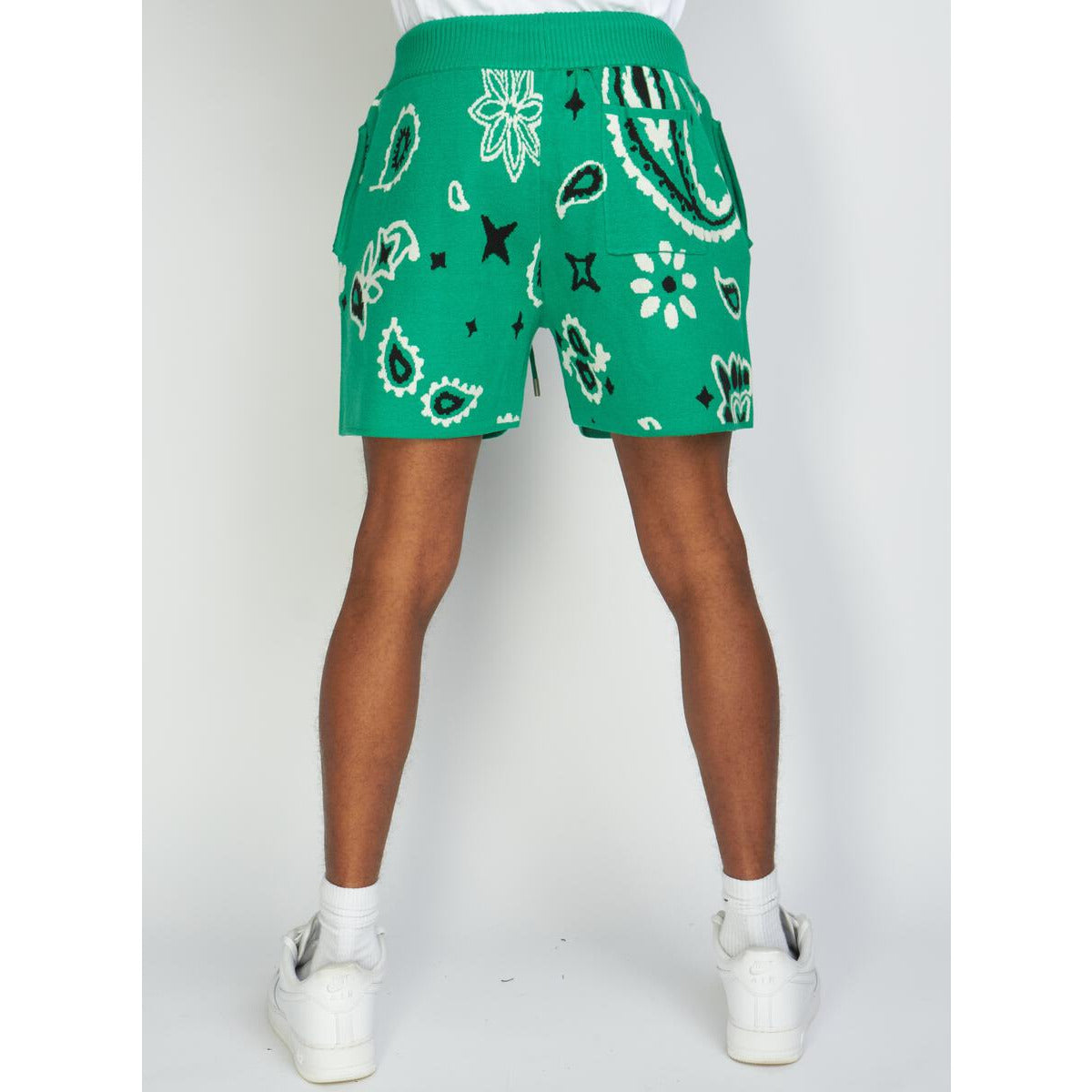 Pair of comfortable and stylish green paisley knit shorts from Politics