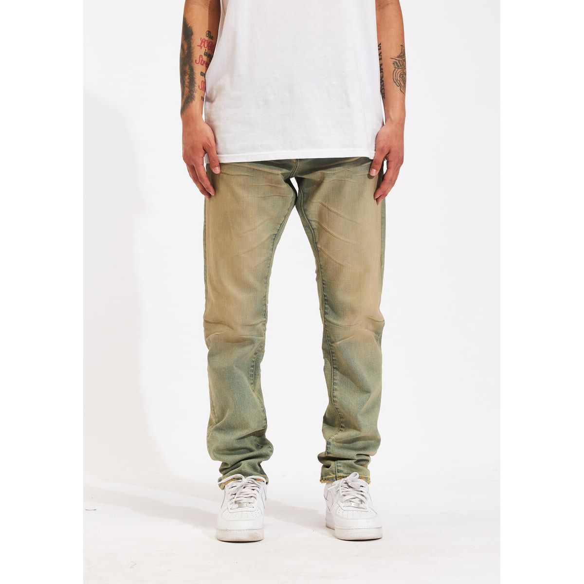 Side view of Crysp Denim Atlantic Sand Wash Denim Jeans with a slim fit