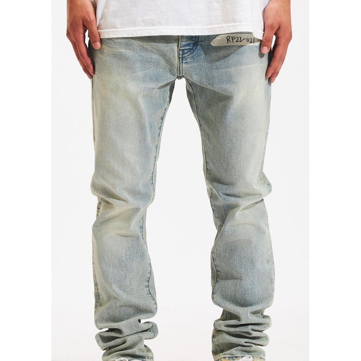 Close-up of distressed design on Crysp Denim Atlantic Light Wash Denim Jeans