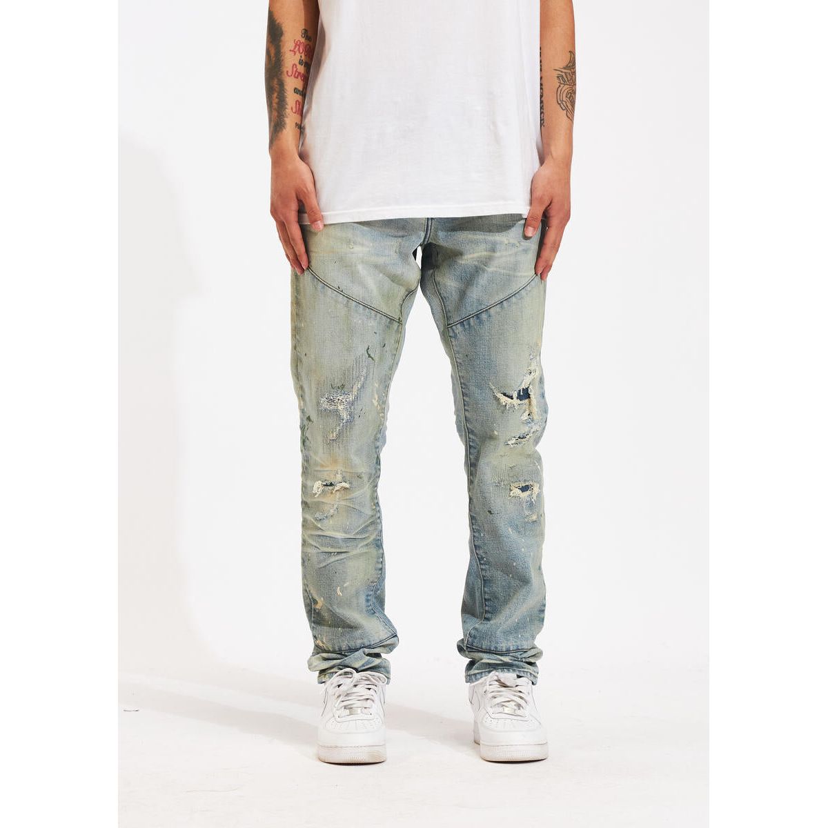 Crysp Denim Atlantic Stone Wash Paint Denim Jeans, back view, relaxed fit with paint splatter details