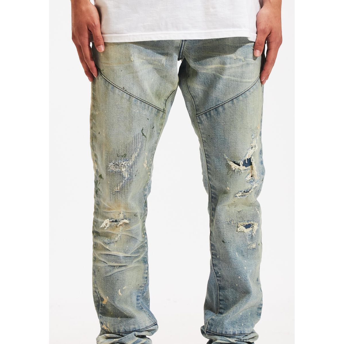 Front view of Crysp Denim Atlantic Stone Wash Paint Denim Jeans with classic 5-pocket styling and belt loops