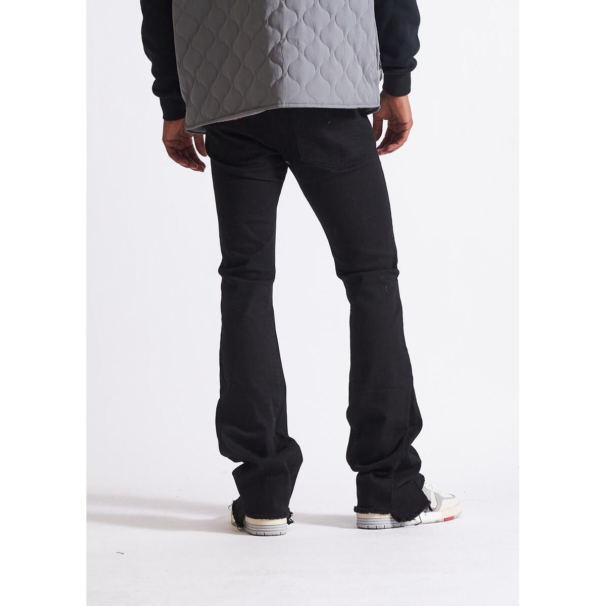 Embellish Brent Black Flare Jeans with distressed detailing and frayed hem