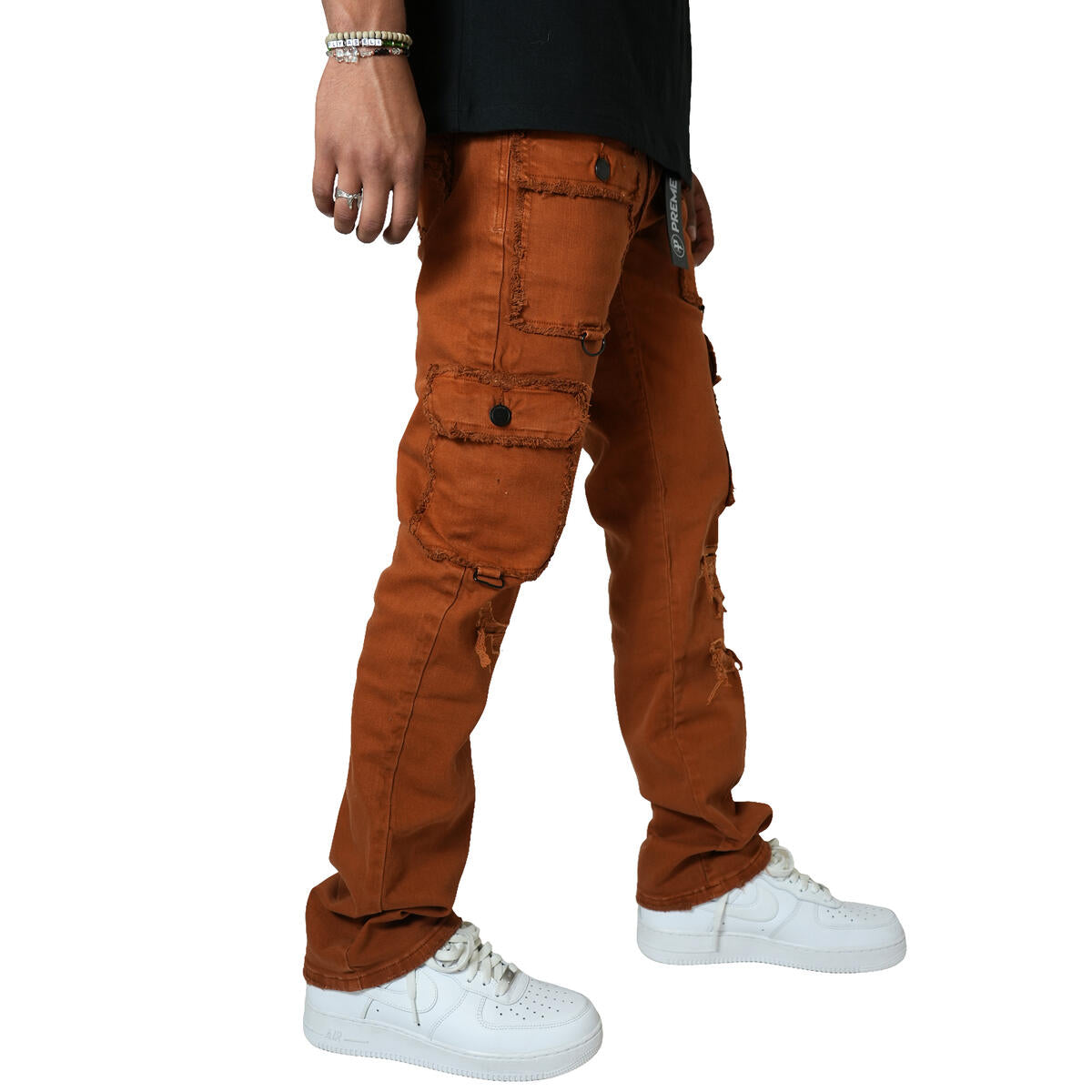 PREME British Khaki Ripped Cargo Denim Jeans (PR-WB-1285) - Back view of fashionable cargo jeans in a classic British khaki color with ripped and torn accents