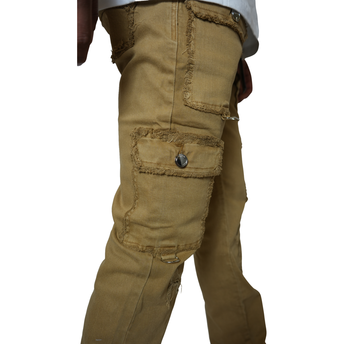 Close-up of the distressed details on PREME Khaki Ripped Cargo Denim Jeans (PR-WB-1285)