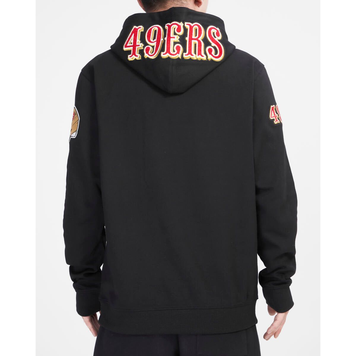 Classic black Pro Standard San Francisco 49ers hoodie with chenille embroidery and drawstring hood