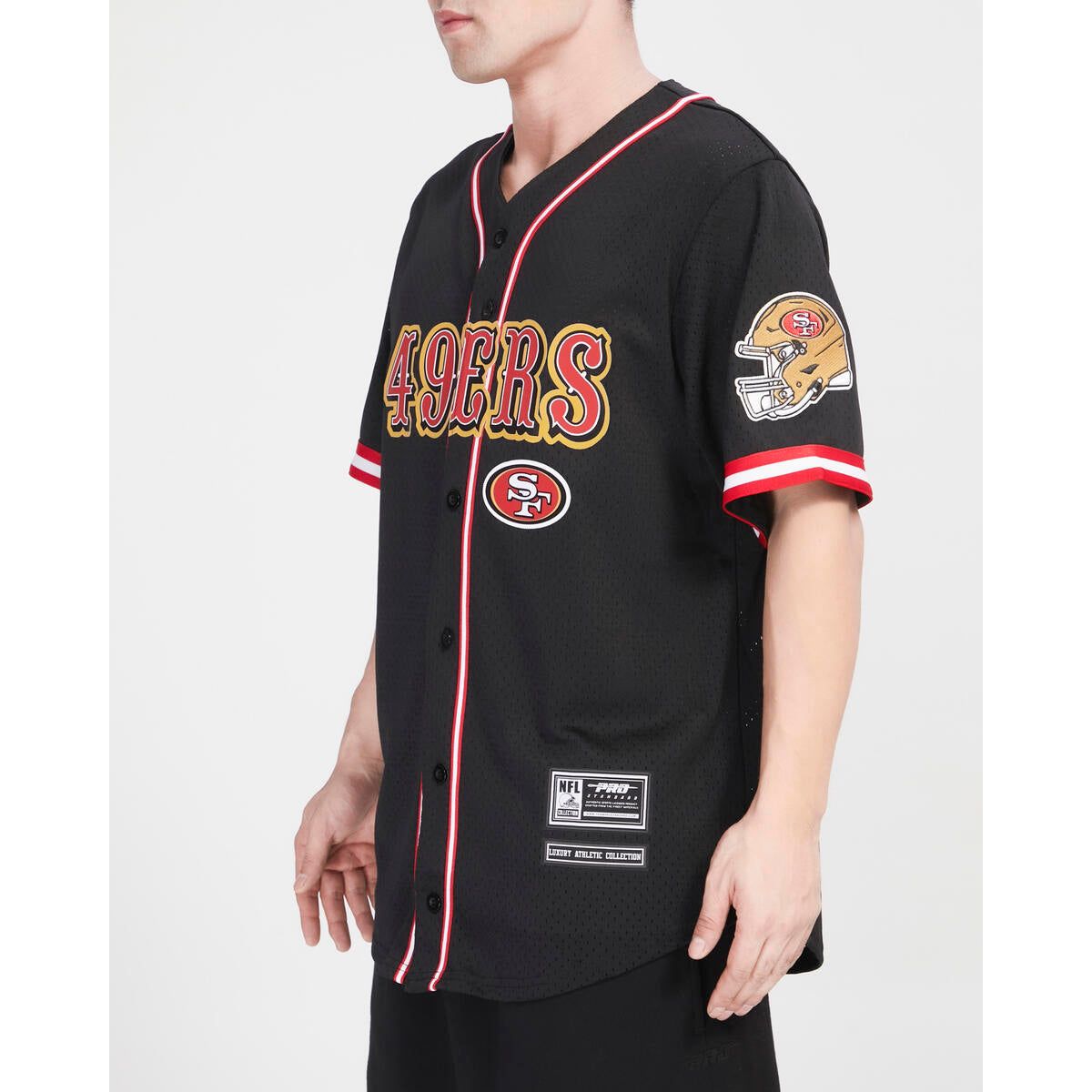 Front view of Pro Standard San Francisco 49ers black and red jersey