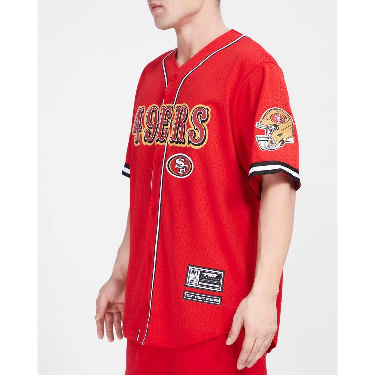 High-quality Pro Standard San Francisco 49ers Classic Mesh Button Up Jersey in vibrant red and black color scheme for sporty and stylish outfit option