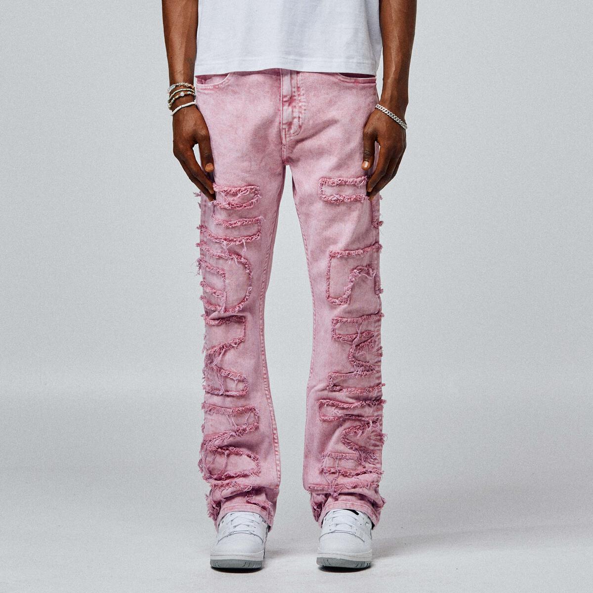 Homme + Femme Twilight Pink Denim Jeans with distressed details and raw hem