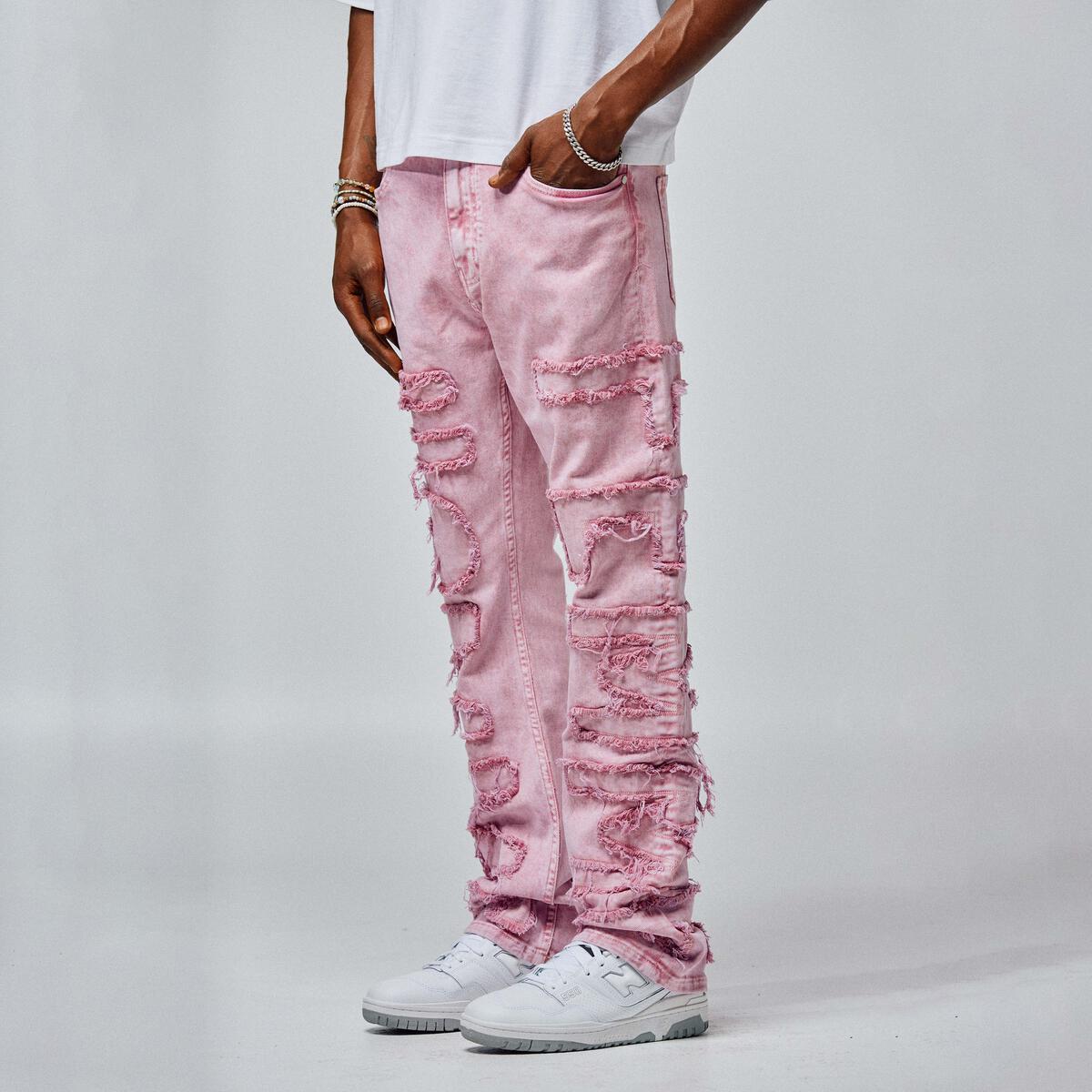 Homme + Femme Twilight Pink Denim Jeans with frayed hems and belt loops
