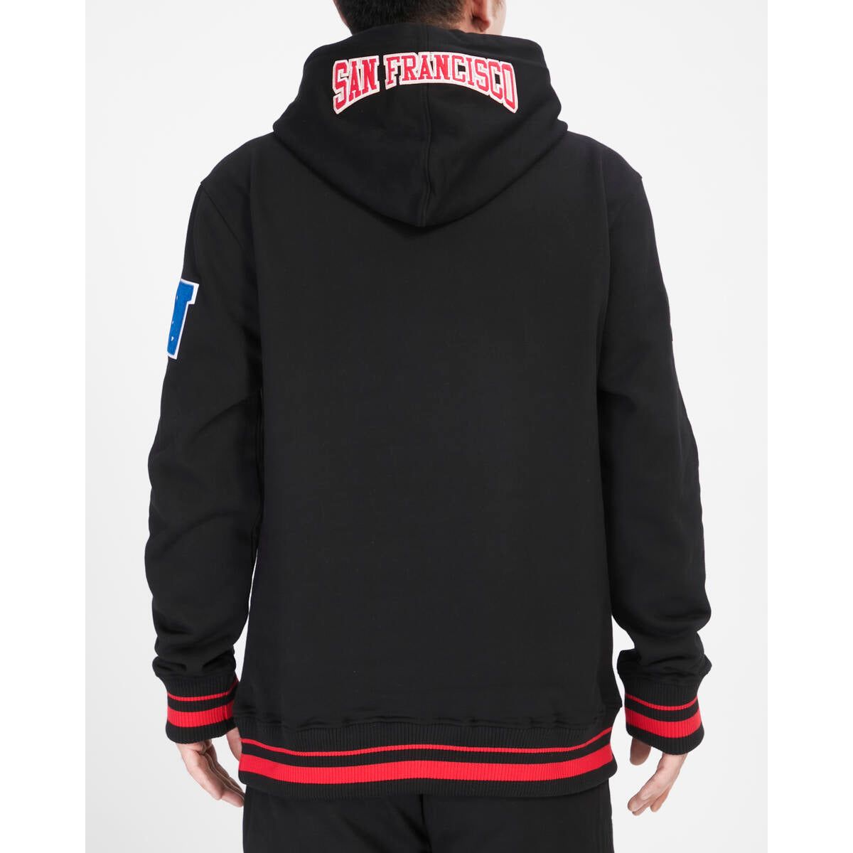 Pro Standard San Francisco 49ers Crest Emblem Rib FLC Pro Hoodie - Black/Red (FS4546065-BRK) with hood up and front pocket visible