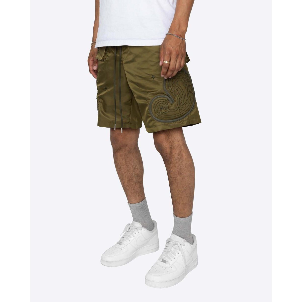 Olive green EPTM Puffer Paisley Shorts with pockets and drawstring waist