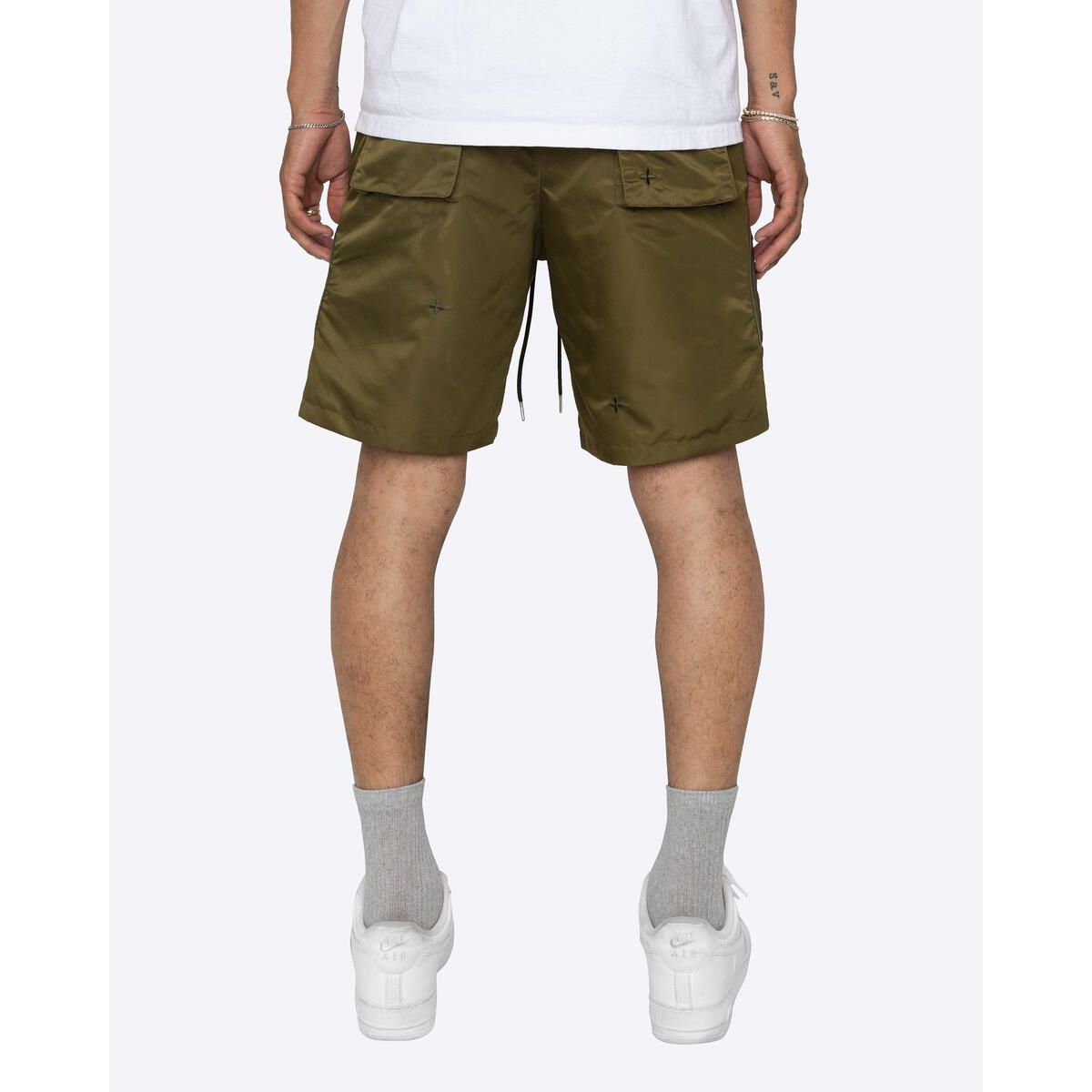 Olive EPTM Puffer Paisley Shorts featuring unique paisley pattern and comfortable fit