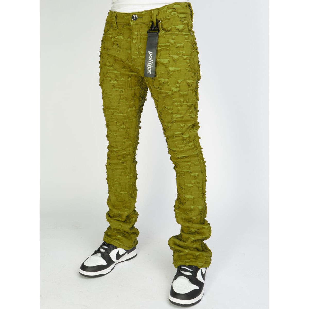 PLTKS Olive Shredded Stacked Flare (Lucas502) - a stylish and comfortable pair of olive-colored flared jeans with shredded detailing and a stacked fit