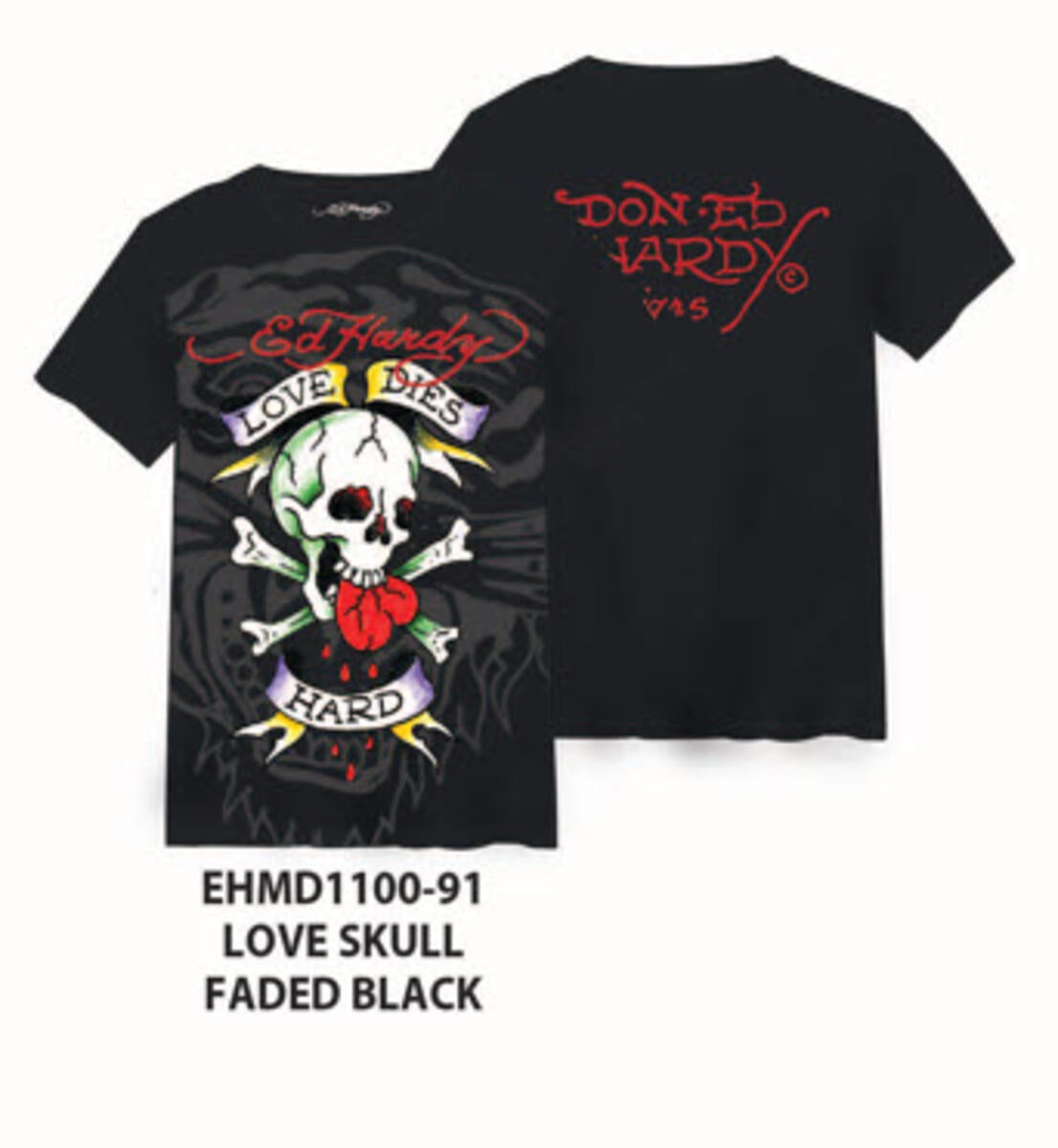 Close-up of Ed Hardy Love Skull SS Tee's faded black fabric texture with skull design
