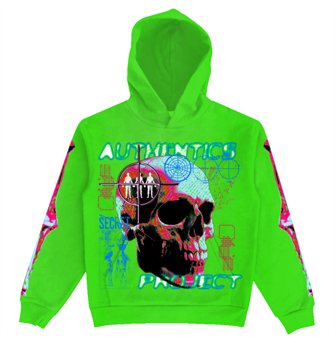 Authentics Future Project Hoodie in vibrant lime green, front view, showcasing the unique oversized fit and stylish design