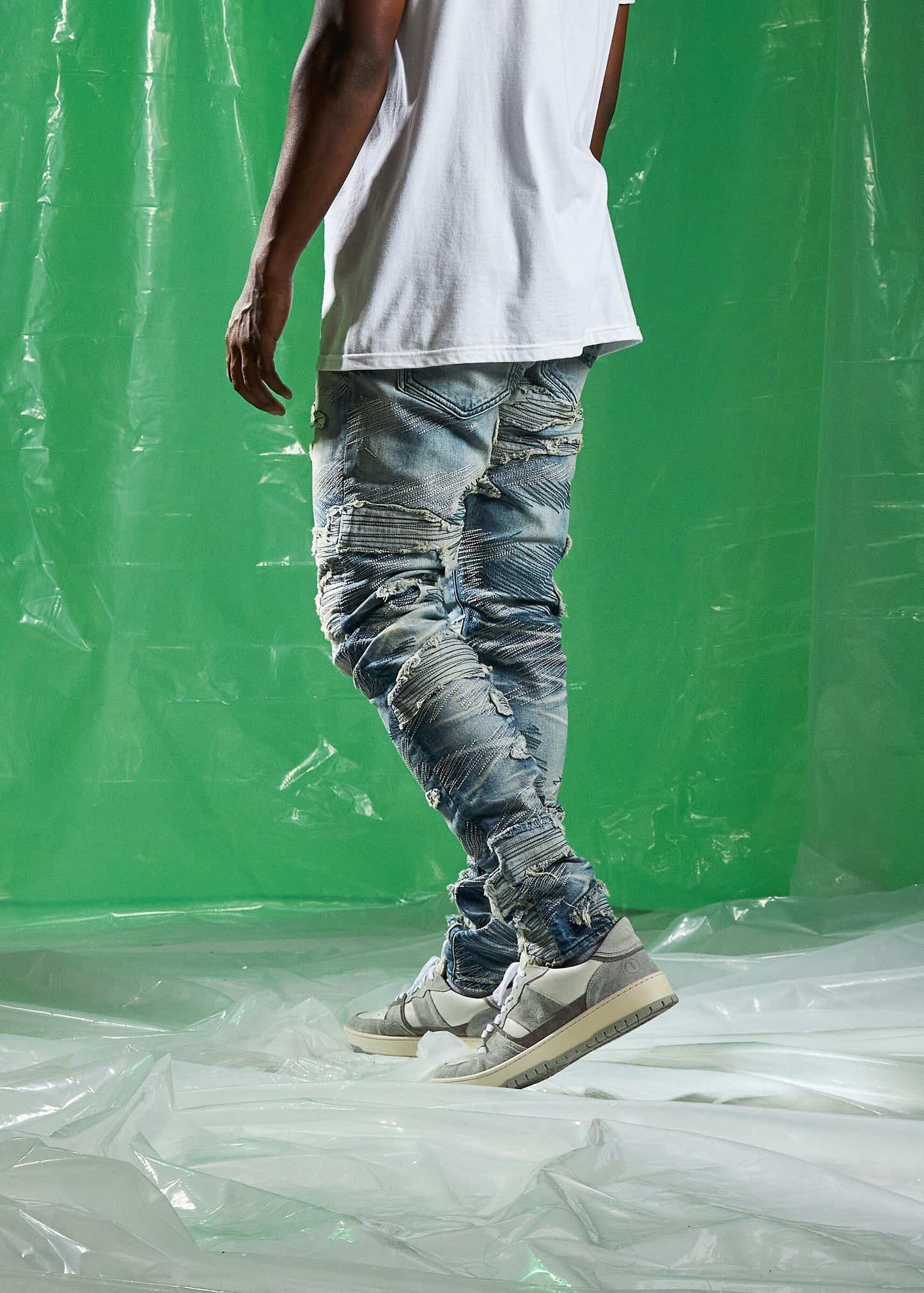 Embellish Colt Mid Blue Ripped Denim Jeans (EMBSPR24-016) worn on model for fit and style demonstration